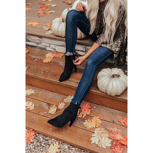 Women's Pointed Toe Heel Ankle Booties Kitten Stiletto Bowtie Strappy Boot Black - Picture 3 of 8